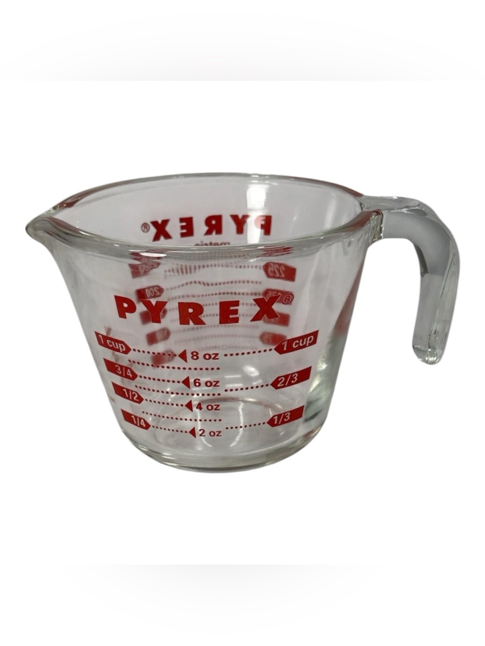 Vintage Pyrex Glass Measuring Cup Red Lettering Open J Handle 1 Cup 8 oz 250 ml